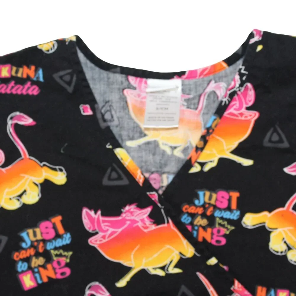 Disney Womens Small Lion King Hakuna Matata Simba Timon Pumbaa Medical Scrub Top - Picture 4 of 9